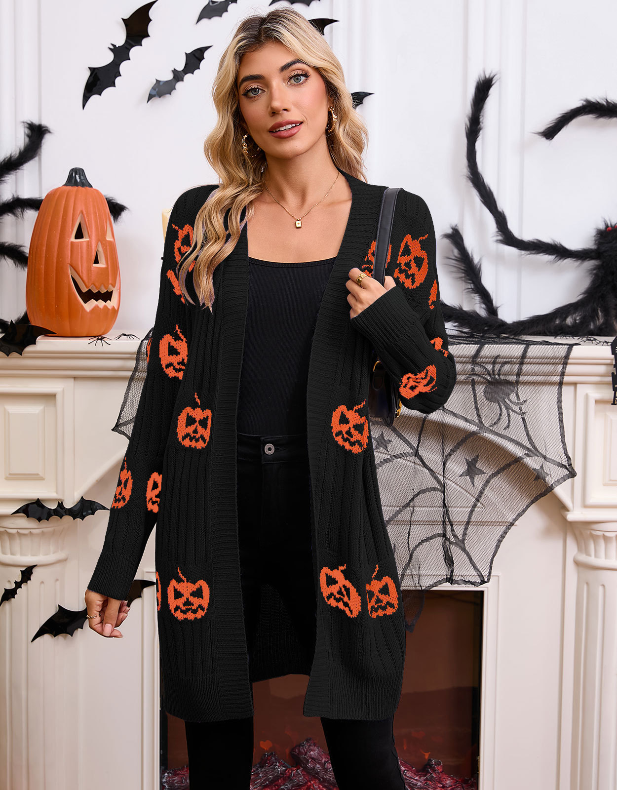 Halloween Knit Cardigan Womens Long Open Front Sweater Holiday Outerwear Coat